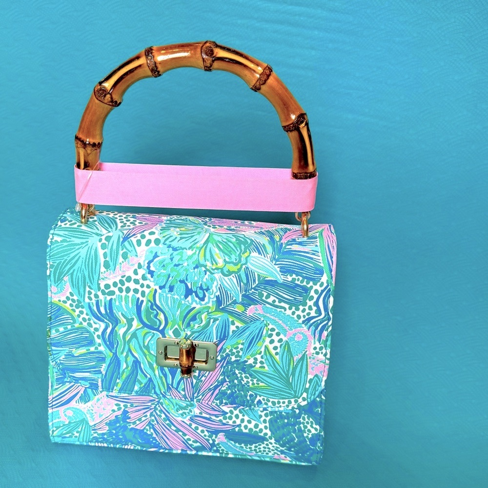 LILLY PULITZER Blue Mini Bag Bamboo Top Handle Botanical Green Holiday Sun - Picture 1 of 6